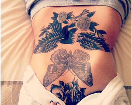 Butterfly And Eagle Tattoo On Belly