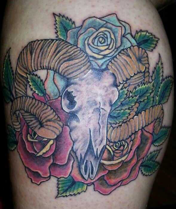 Capricorn With Red And Blue Rose Flowers Tattoo