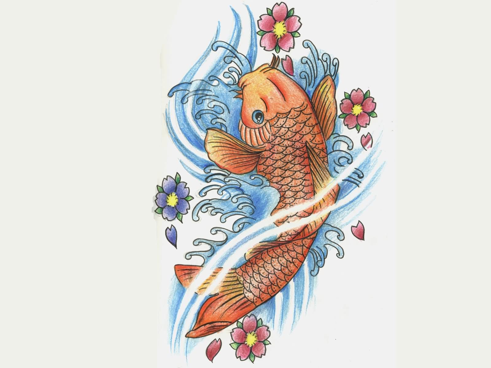 Carp Fish With Flowers Tattoo Design