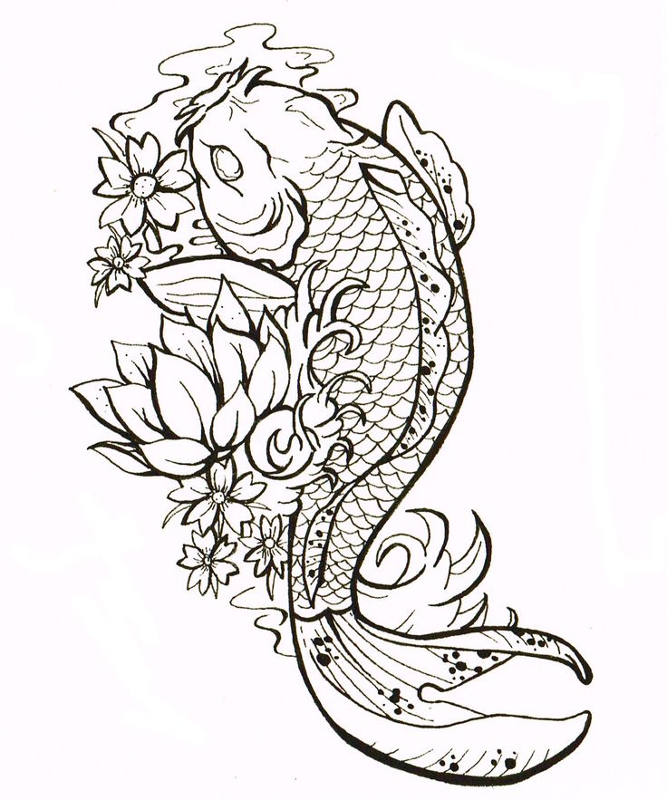 Carp Fish With Flowers Tattoo Stencil