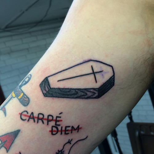Carpe Diem Coffin Tattoo On Arm Sleeve