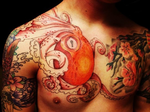 Cherry Blossom Flowers And Octopus Tattoo On Shoulder