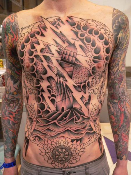Chestpiece Lighthouse Tattoo On Full Body For Men