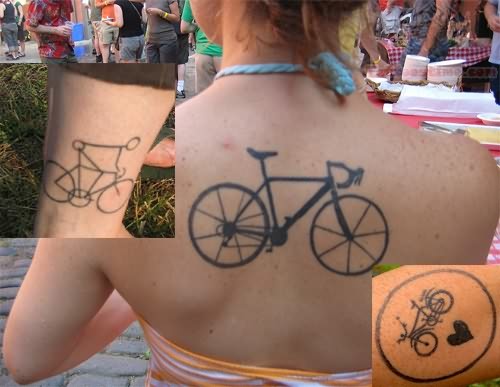 Classic Black Bike Tattoo On Girl Upper Back