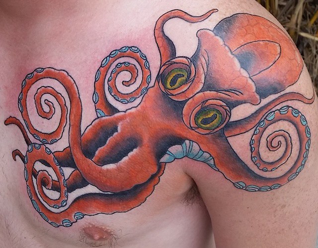 Classic Kraken Tattoo On Man Left Front Shoulder