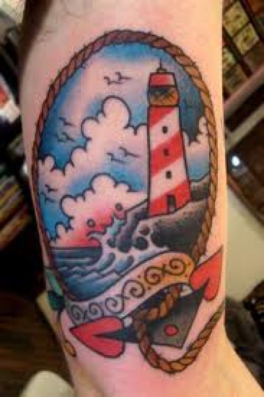 Clouds And Lighthouse Tattoo On Full Sleeve