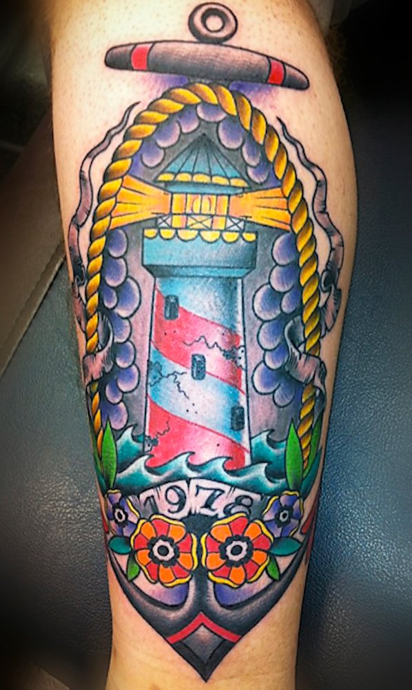 Color Ink Traditional Lighthouse Tattoo On Forearm