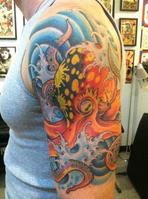 Color Ink Water And Octopus Tattoo On Left Half Sleeve