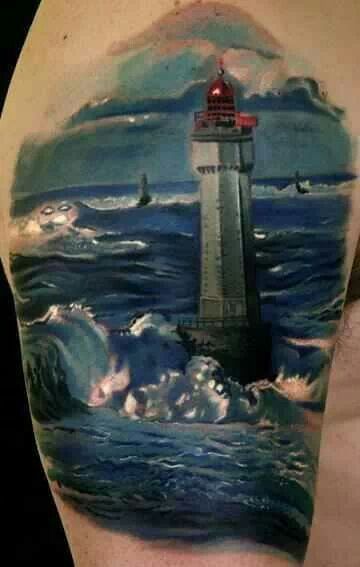Colored Lighthouse In Sea Tattoo On Man Half Sleeve