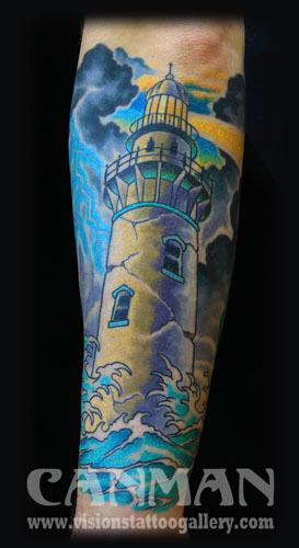 Colored Lighthouse Tattoo On Arm