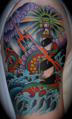 Colored Lighthouse Tattoo On Right Shoulder