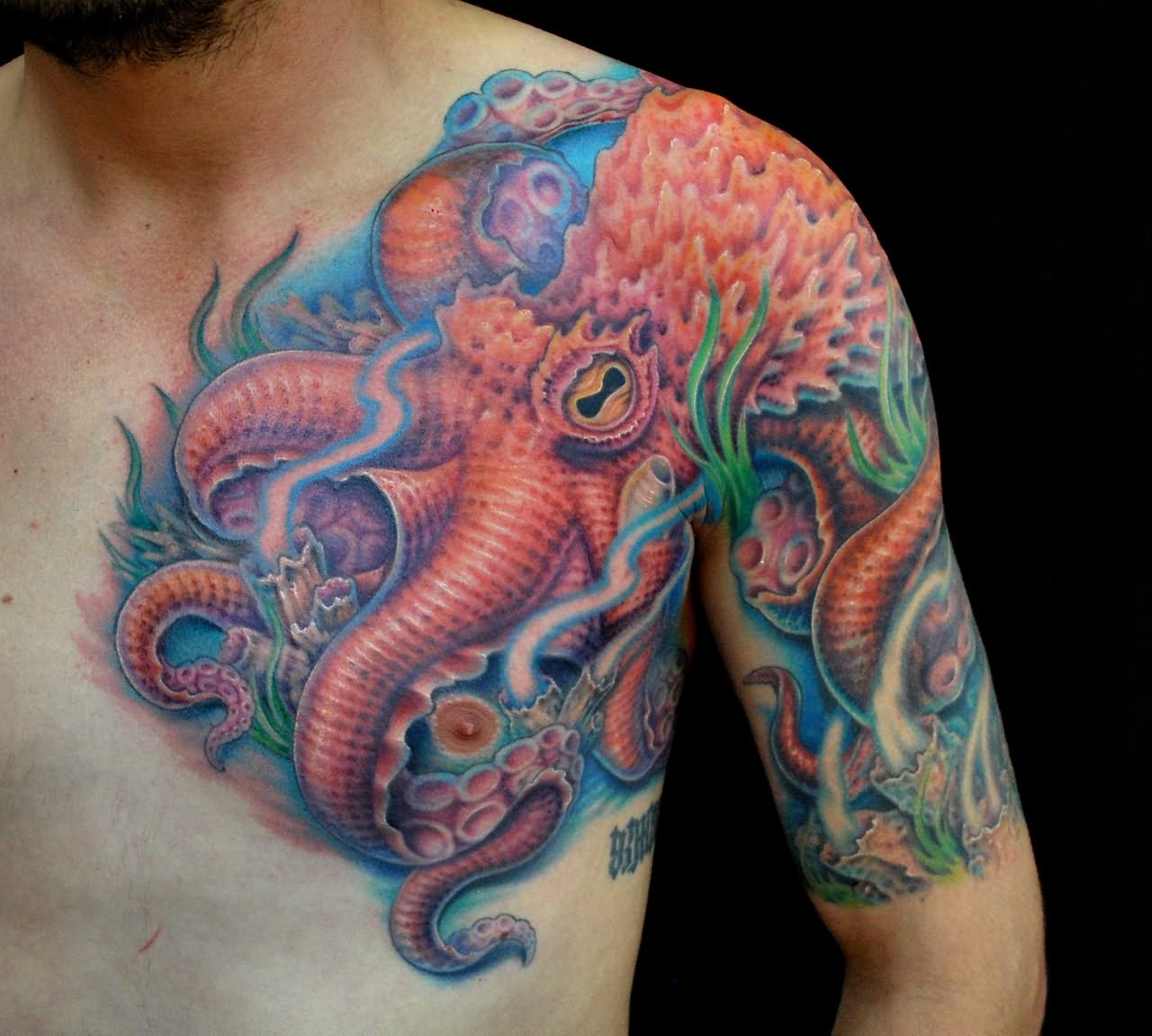 Colored Octopus Tattoo On Chest And Left Shoulder
