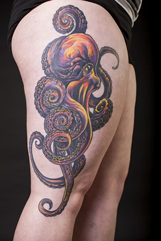 Colored Octopus Tattoo On Side Thigh
