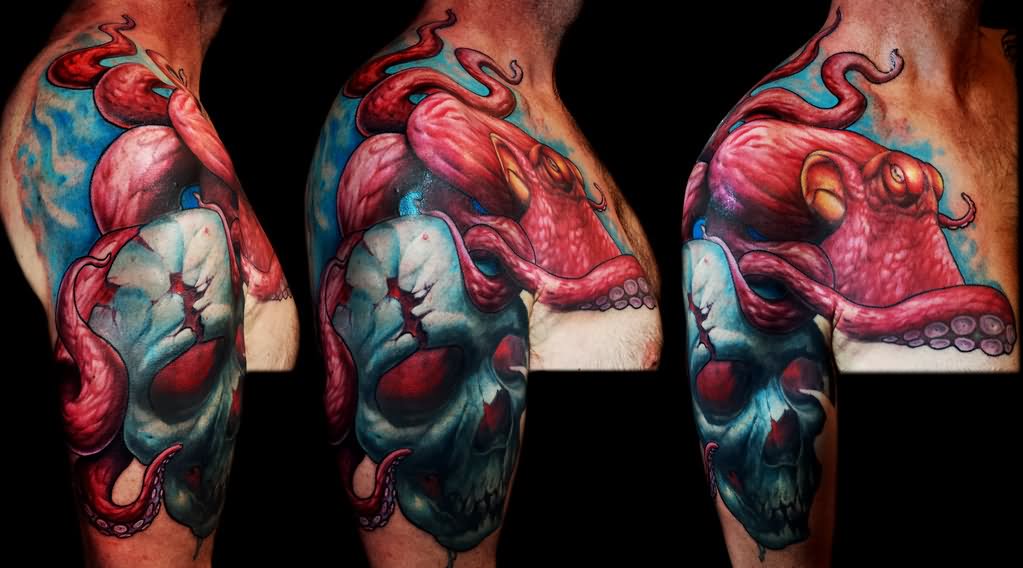 Colorful 3D Octopus Sleeve Tattoo