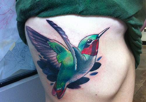 Colorful Aqua Bird Tattoo Design For Side Rib