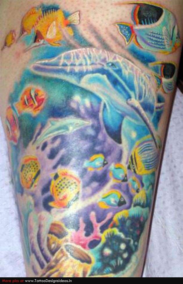 Colorful Aqua Fishes Tattoo Design For Thigh