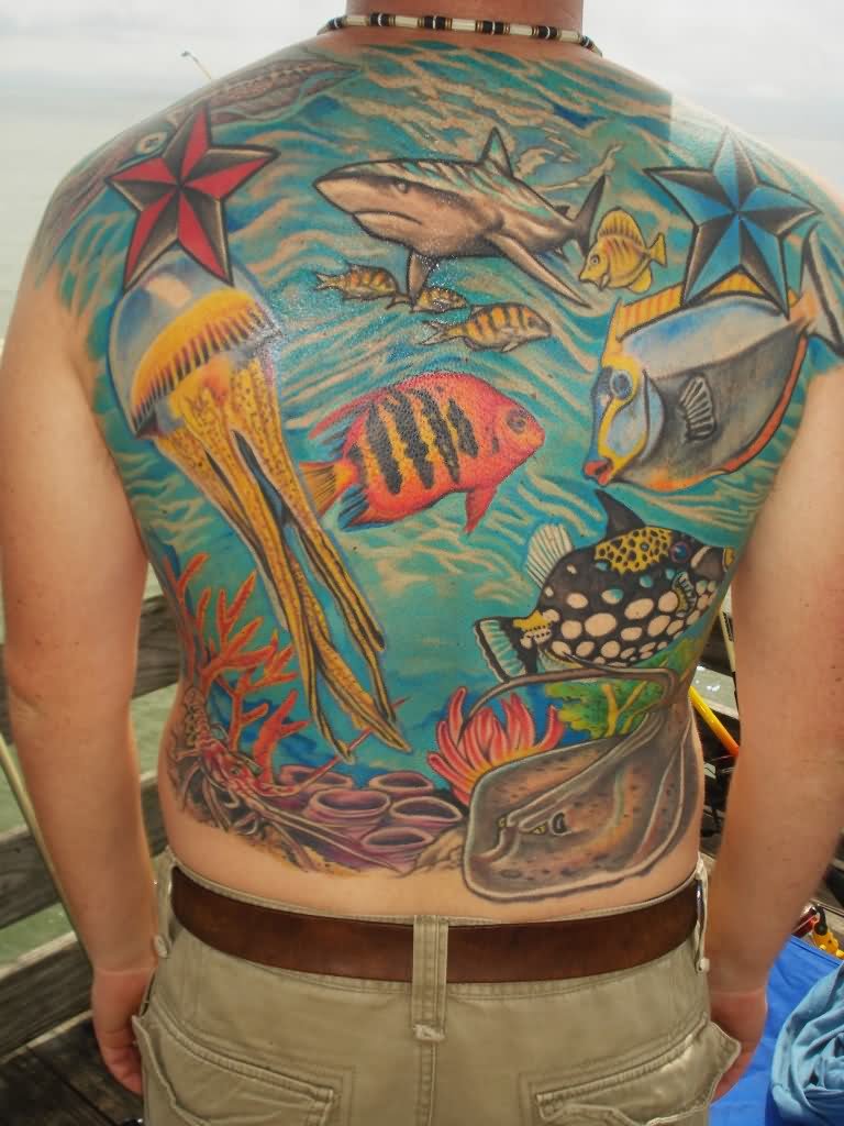Colorful Aquatic Scene Tattoo On Man Full Back