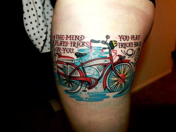 Colorful Bike Tattoo On Side Thigh