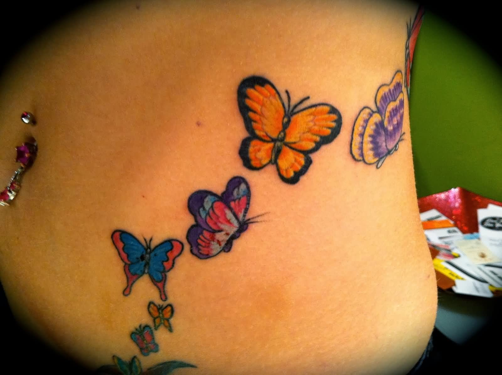 Colorful Butterflies Tattoo Design For Side Belly