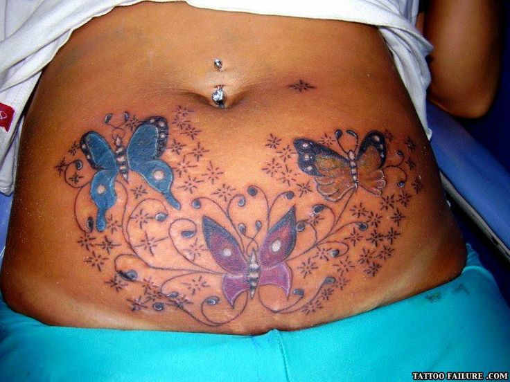 Colorful Butterflies Tattoo On After Pregnancy Belly