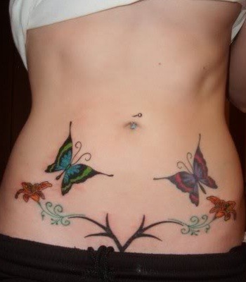 Colorful Butterflies Tattoo On Belly
