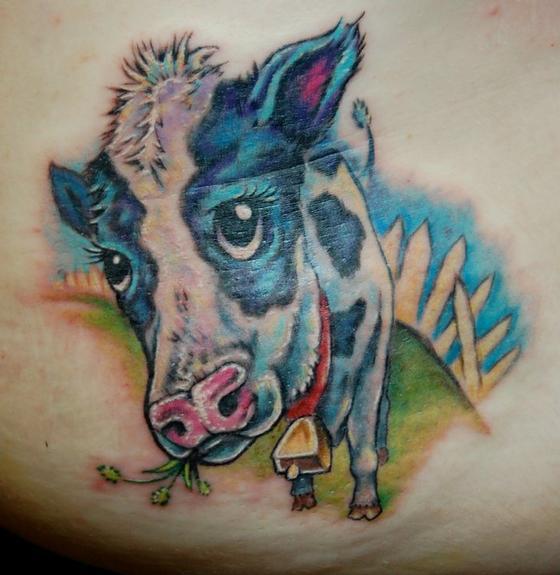 Colorful Cartoon Cow Tattoo Design