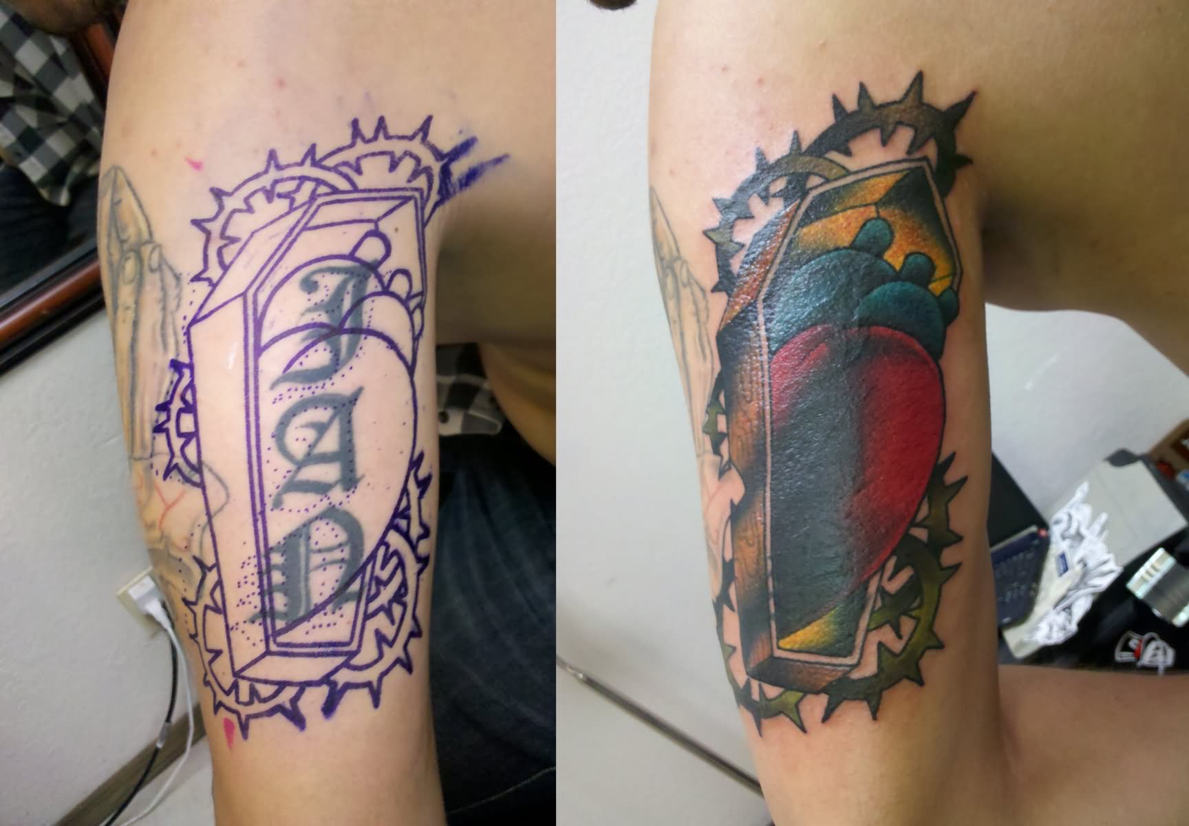 Colorful Coffin Tattoo On Sleeve For Men