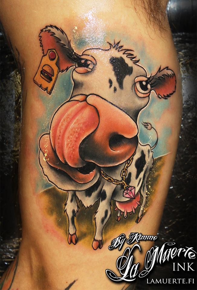 Colorful Cool Cow Tattoo On Bicep