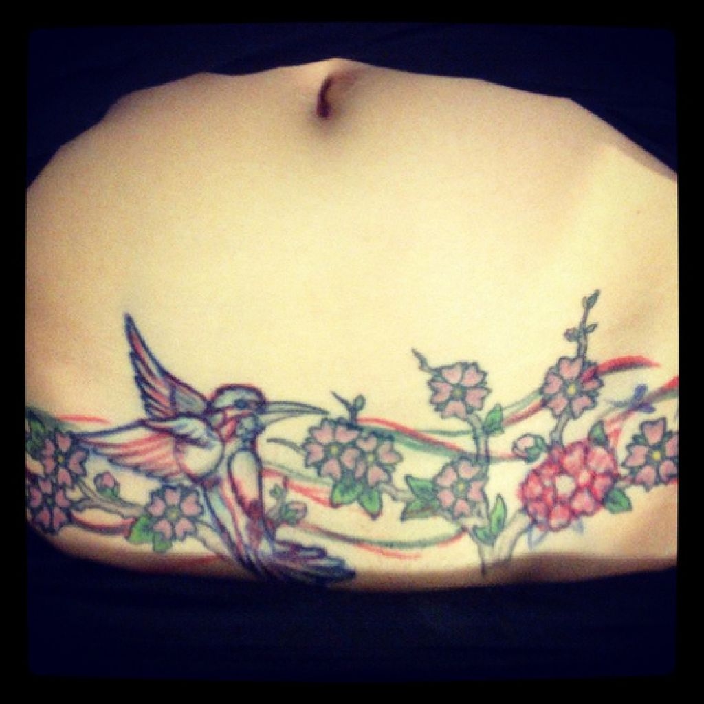 Colorful Flowers With Bird Tattoo Design For Belly