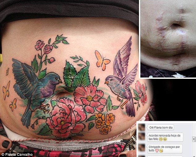 Colorful Flowers With Flying Birds Tattoo On After Pregnancy Belly