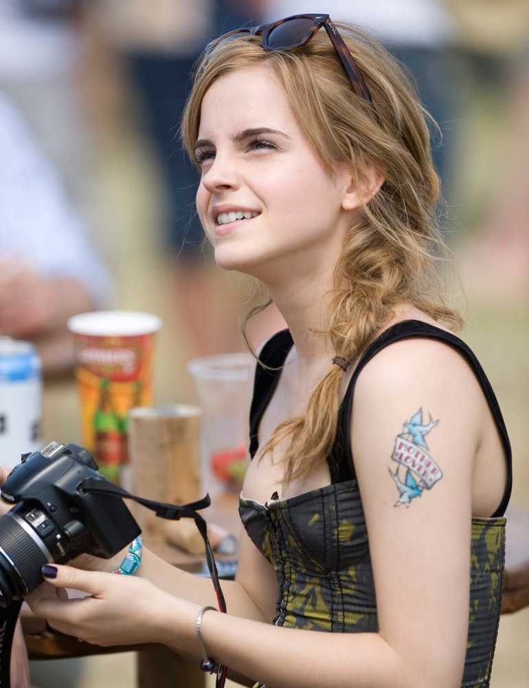 Colorful Flying Birds With Banner Tattoo On Celebrity Emma Watson Left Shoulder