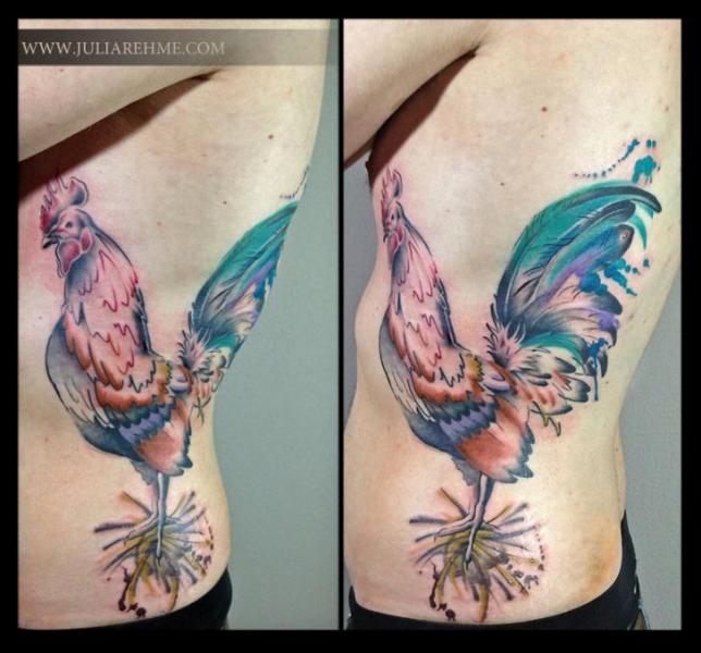 Colorful Hen Tattoo On Side Belly