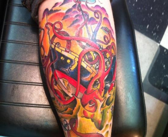 Colorful Kraken Attacking Ship Tattoo Design For Leg