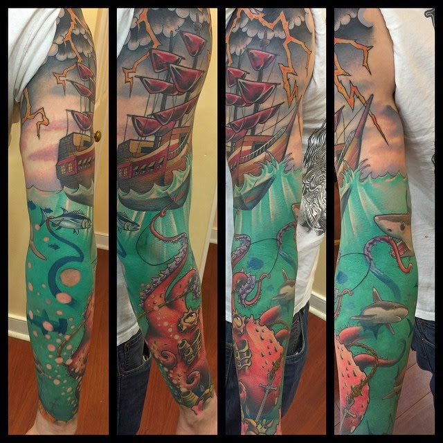 Colorful Kraken Attacking Ship Tattoo On Full Sleeve