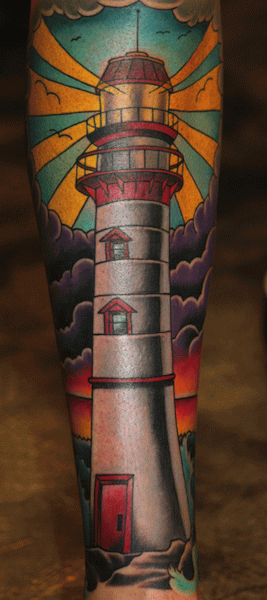 Colorful Lighthouse Tattoo On Arm Sleeve