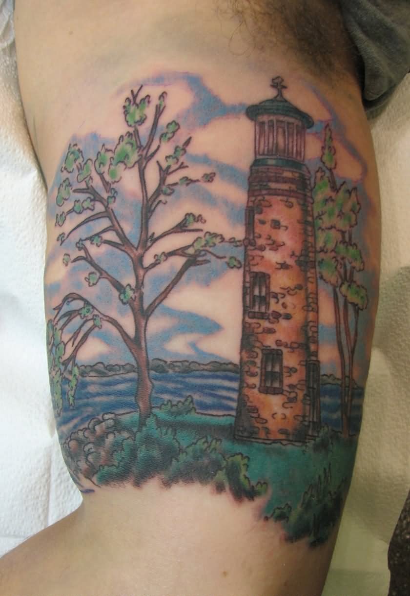 Colorful Lighthouse Tattoo On Biceps