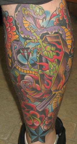 Colorful New School Coffin Tattoo On Leg