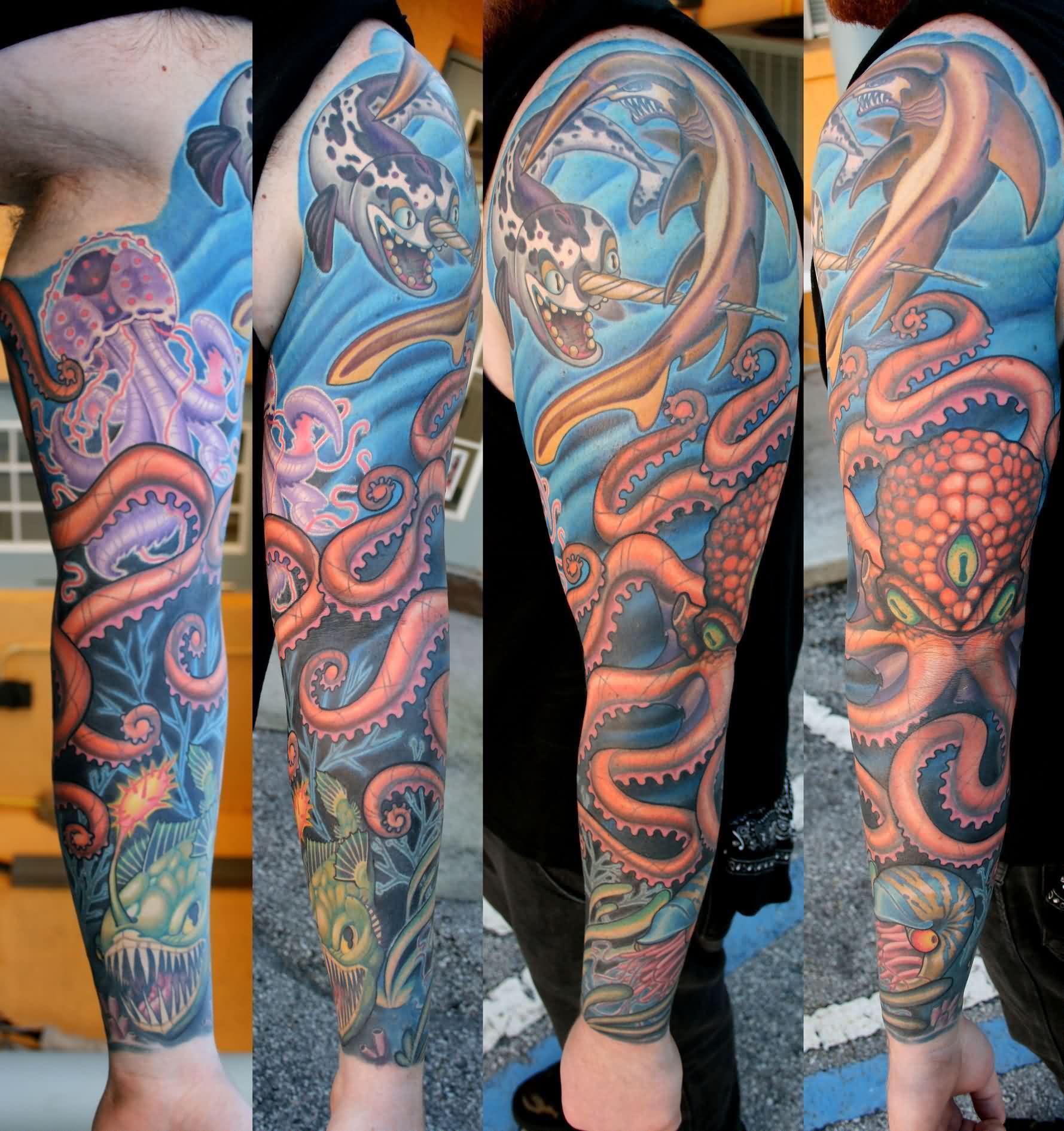 Colorful Ocean Shark And Octopus Sleeve Tattoo