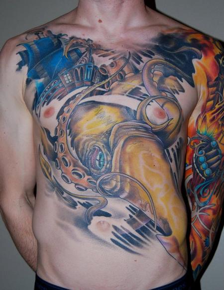 Colorful Octopus Ship Tattoo On Man Full Body