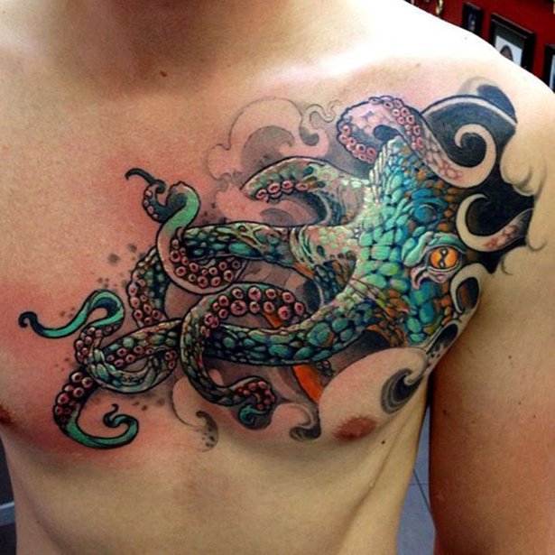 Colorful Octopus Tattoo On Chest For Men
