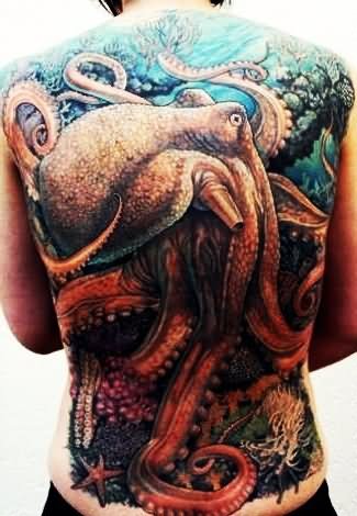 Colorful Octopus Tattoo On Full Back