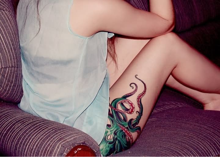 Colorful Octopus Thigh Tattoo