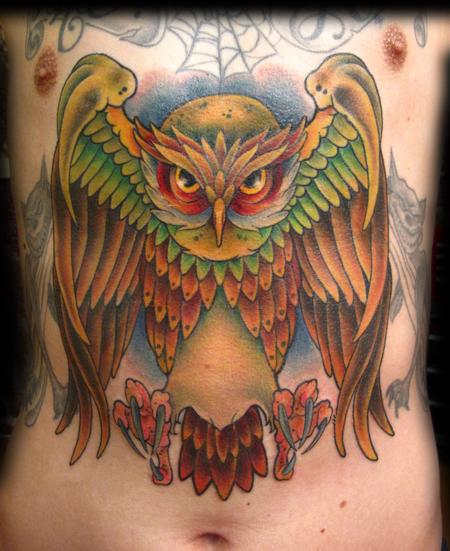 Colorful Owl Tattoo On Belly