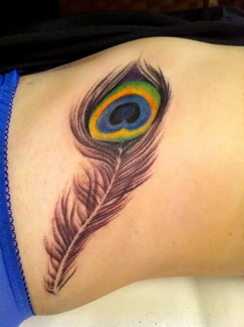 Colorful Peacock Feather Tattoo Design For Belly