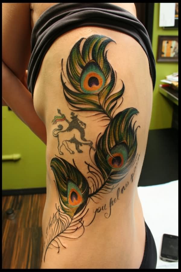Colorful Peacock Feathers Tattoo On Girl Side Belly