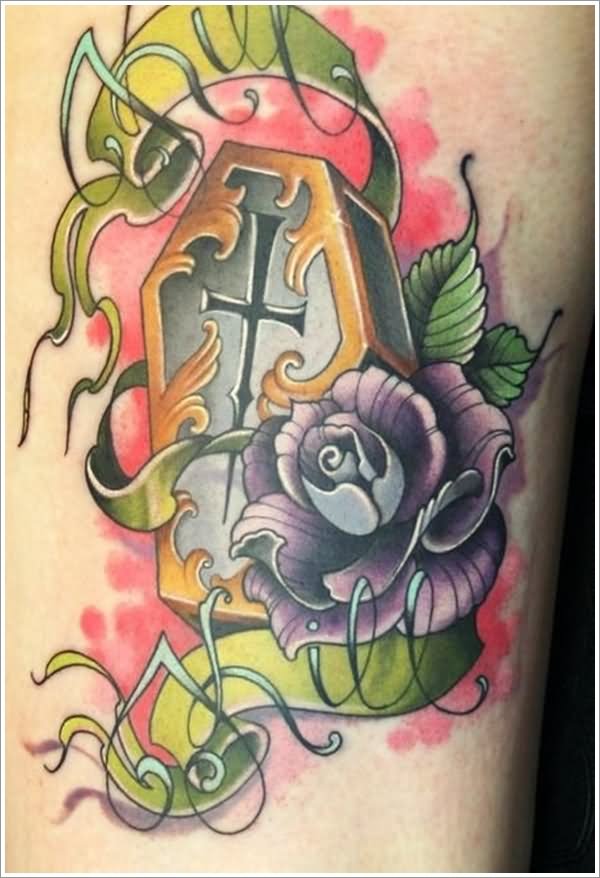 Colorful Rose Flower And Coffin Tattoo