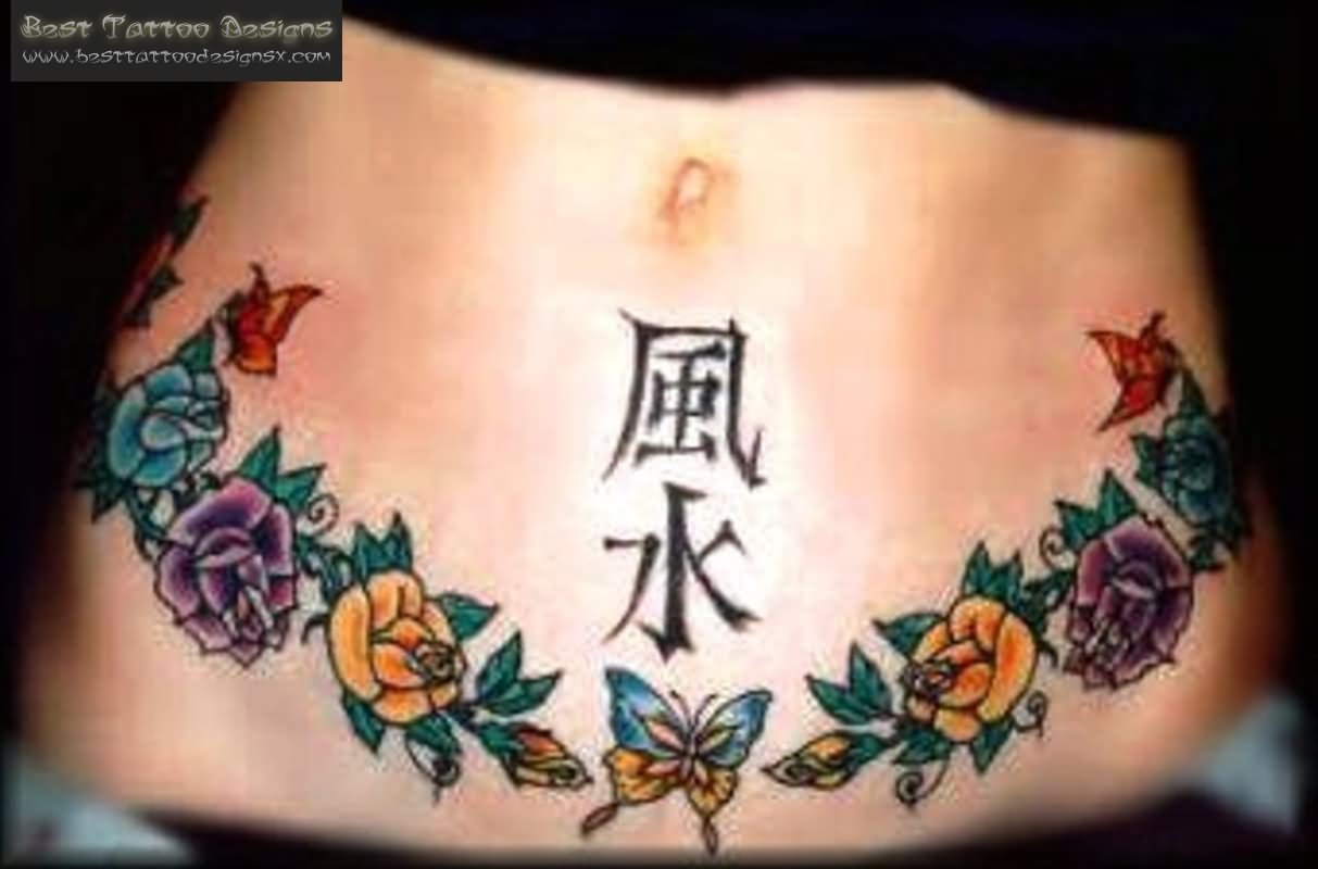 Colorful Roses And Butterfly Tattoo On Belly