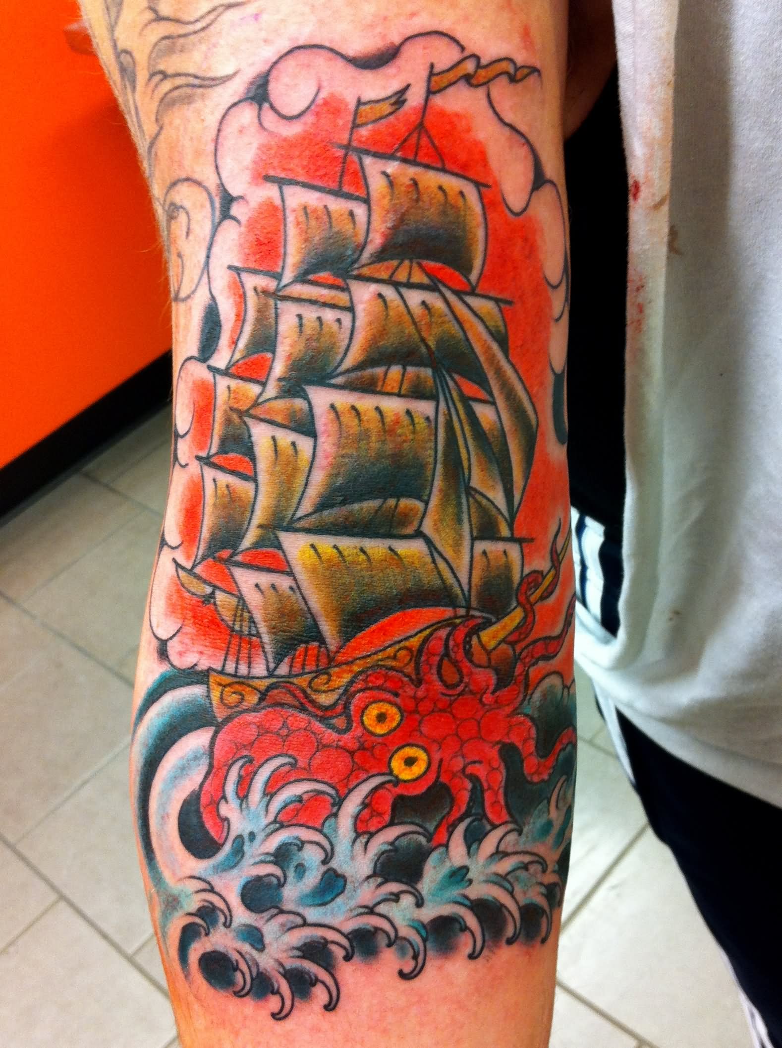 Colorful Ship Octopus Tattoo