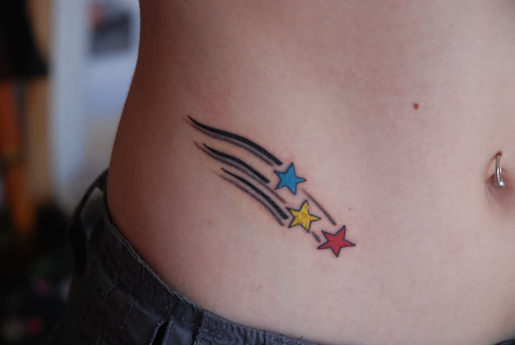 Colorful Three Stars Tattoo On Belly
