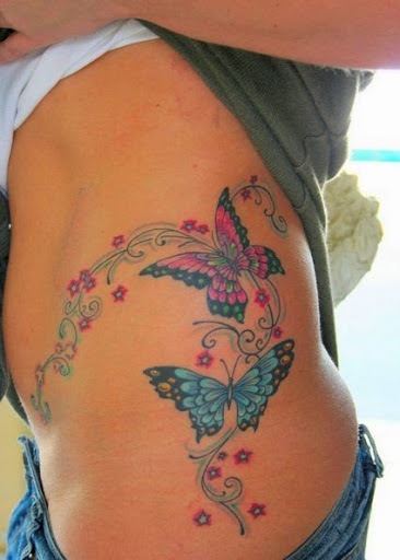 Colorful Two Butterflies With Little Stars Tattoo On Side Belly